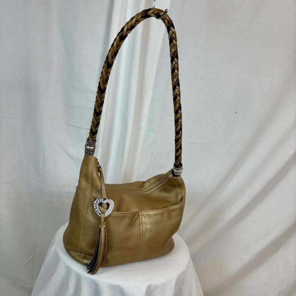 Brighton Gold Leather with Earthy Multicolor Braided Strap Hobo Handbag new $599